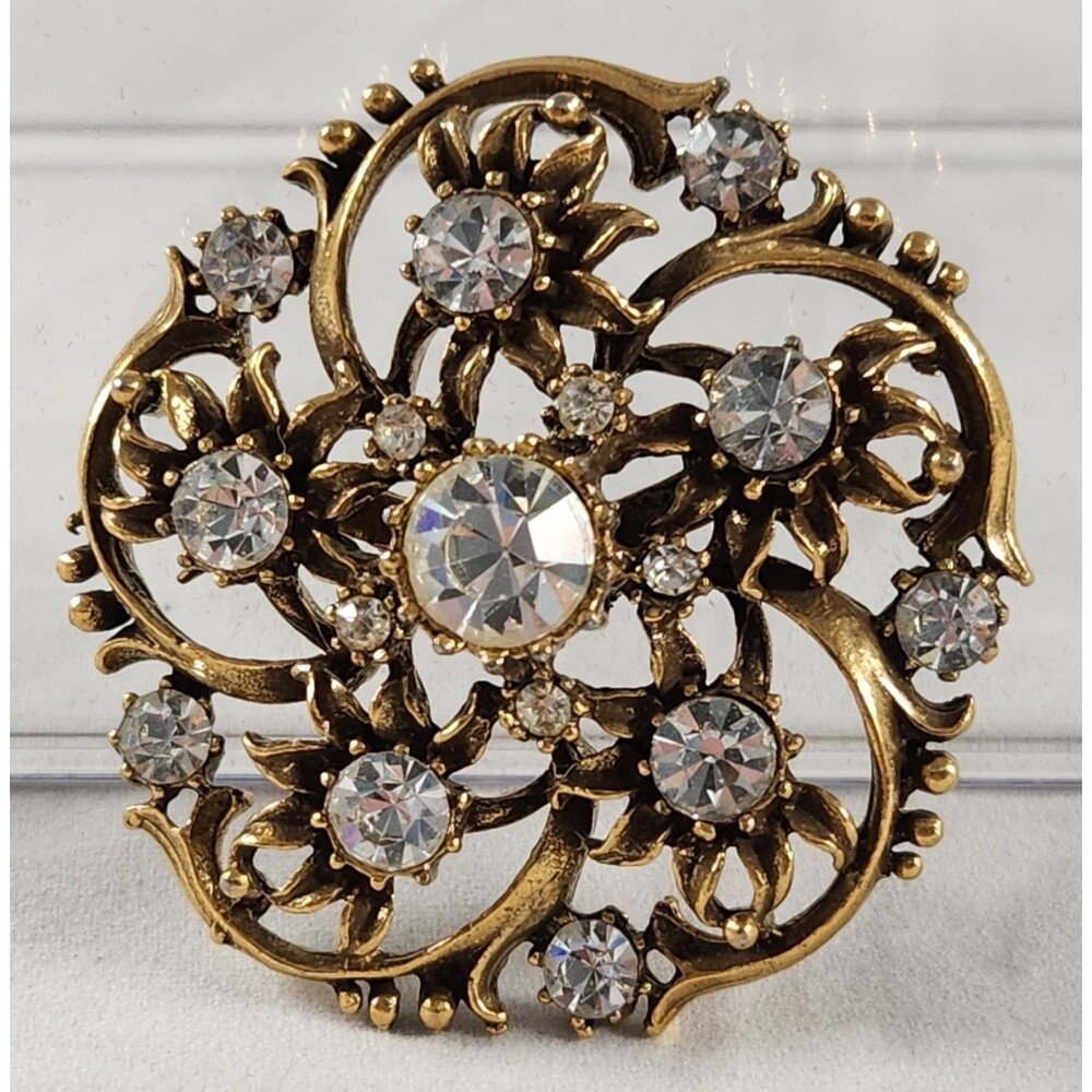 Signed Coro Brooch Pin Clear Rhinestone Round Flower Antiqued Gold Tone 2"